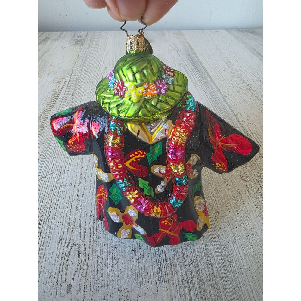 Vintage radko Tahitian tux lei Hawaiian shirt RARE flower ornament glass Xmas tr